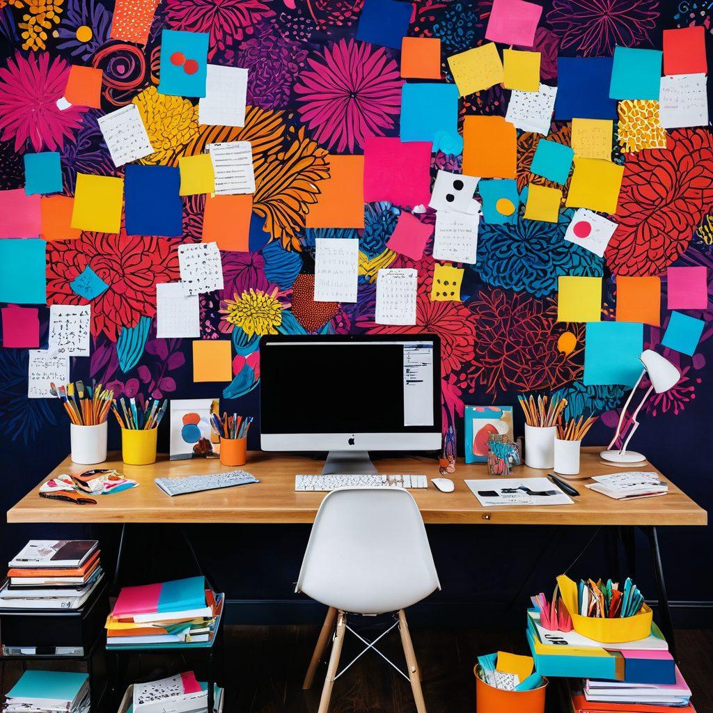 A colorful, chaotic digital workspace filled with vibrant tools of creativity: paintbrushes, digital tablets, bright sticky notes, and screens displaying blog designs. The background should include abstract shapes and dynamic patterns symbolizing innovation and inspiration. A central figure, a blogger, is passionately sketching out ideas, surrounded by a whirlwind of creative energy. super-realistic. vibrant colors. dynamic composition.