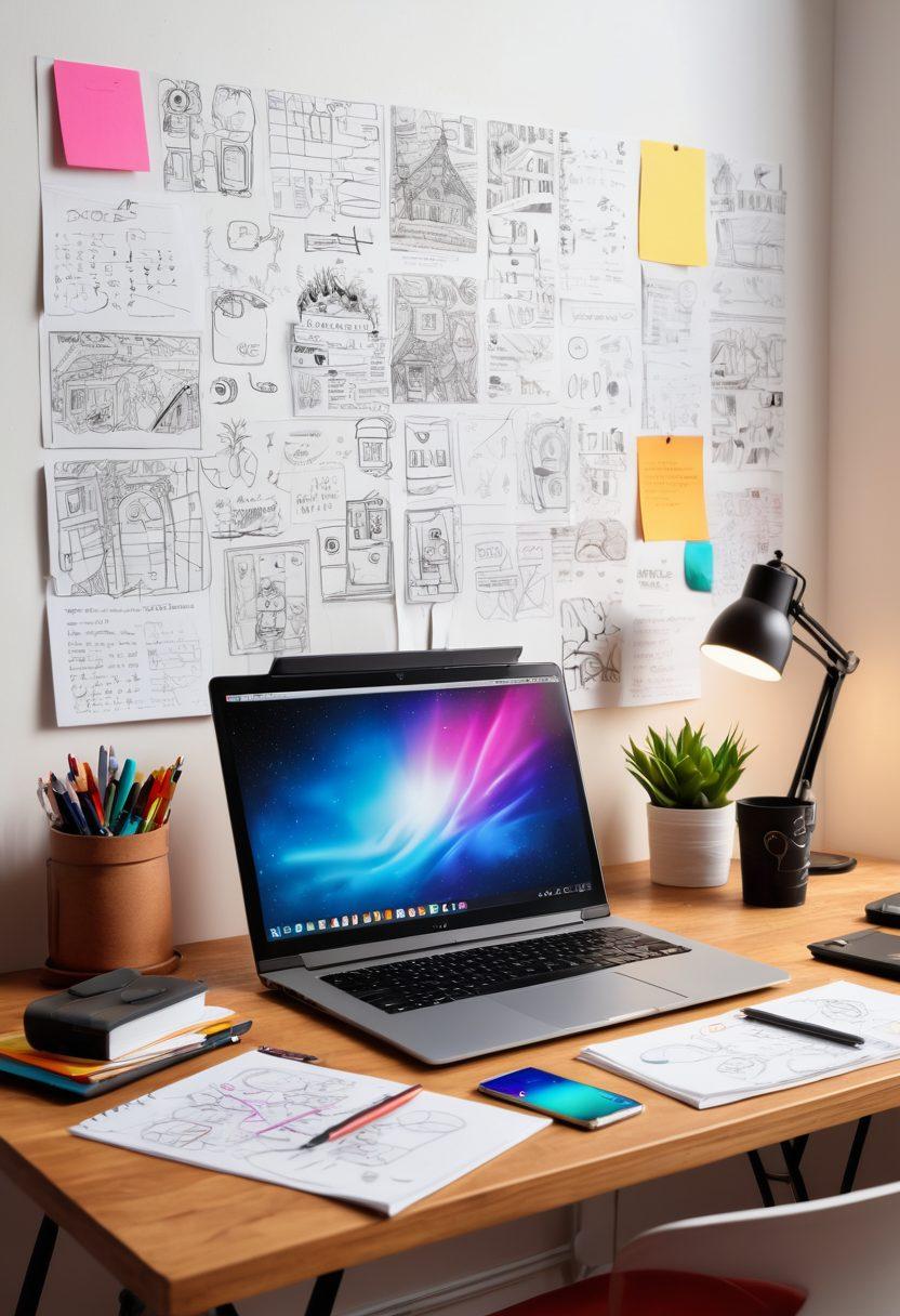 A creative workspace filled with diverse digital tools like a laptop, graphic tablet, and camera, showcasing the journey from brainstorming to creating engaging content. Include colorful sketches on the wall, a coffee cup, and bright screens displaying vibrant designs and concepts. The atmosphere should be inspiring and innovative, capturing the essence of digital content creation. super-realistic. vibrant colors. 3D.