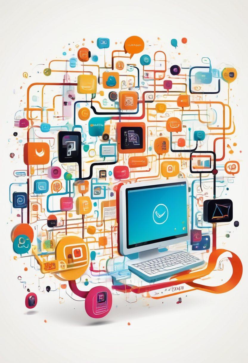 A whimsical depiction of a colorful, maze-like web portal with interconnected blogs, vibrant icons representing various topics, and characters navigating through digital pathways. The scene should evoke a sense of adventure and creativity, with floating text bubbles containing catchy blog titles. Include bright colors and playful elements to capture the essence of the blogosphere. vector art. vibrant colors. white background.